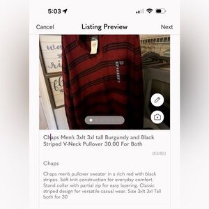 Chaps Men's Burgundy and Black V-Neck Striped Sweater
